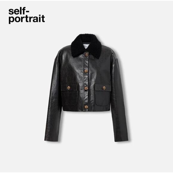 Self Portrait Black Leather Shearling Jacket US 6 - Picture 1 of 14
